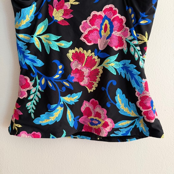 La Blanca Black Floral Print Tankini Swim Top Tassel Tie Front Adjustable Straps - Picture 6 of 14